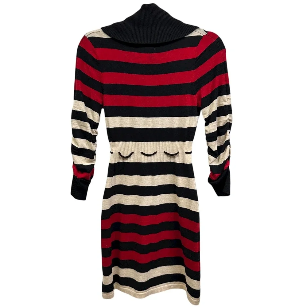 Pink‎ Rose Sweater Dress Womens S Black Red Tan Striped Cowl Neck Ruched Sleeves
